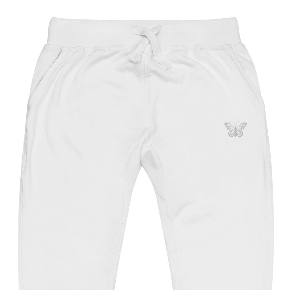 White Unisex Fleece Sweatpants Embroidered Butterfly