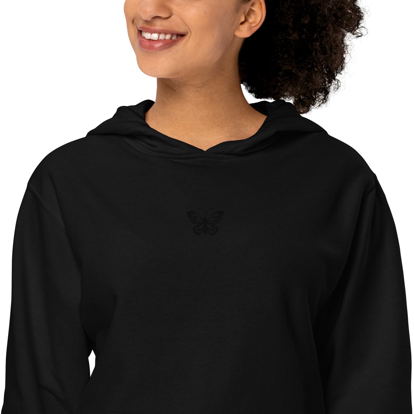 Black Unisex Midweight Hoodie Embroidered Butterfly