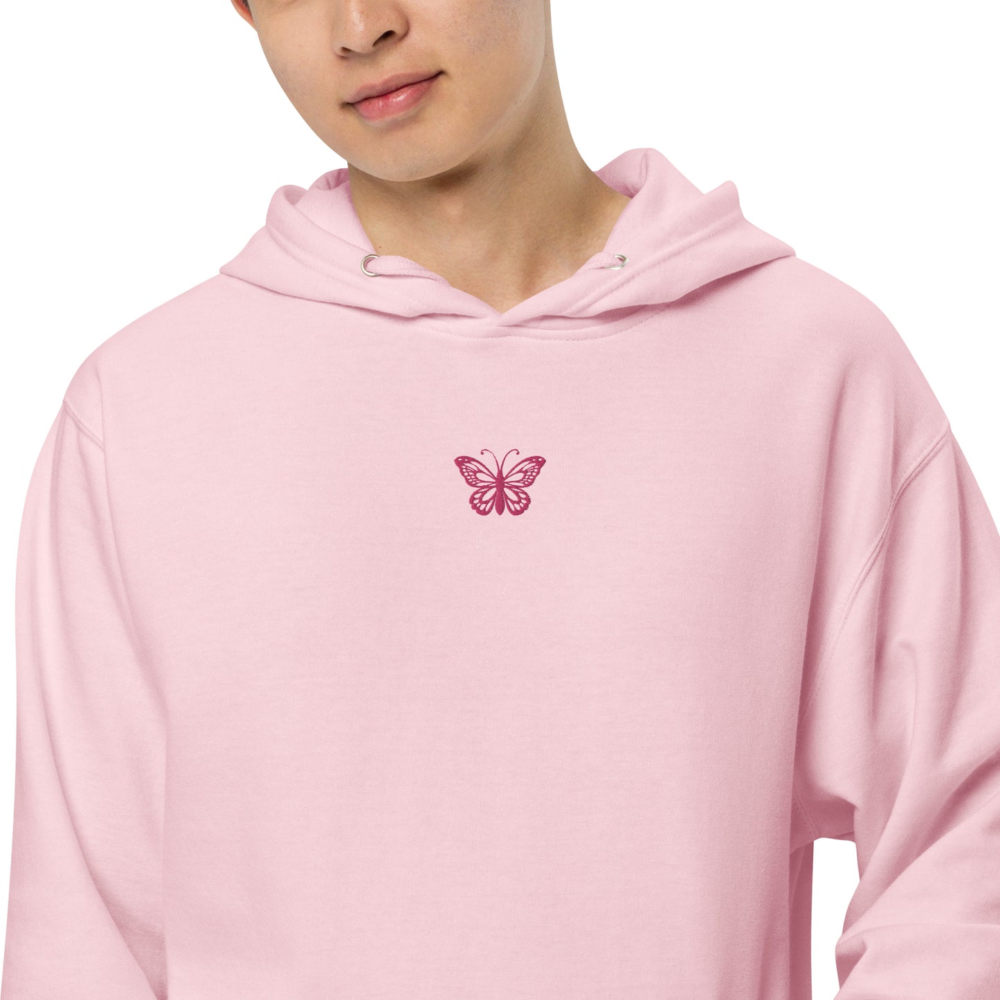 Pink Unisex Midweight Hoodie Embroidered Butterfly