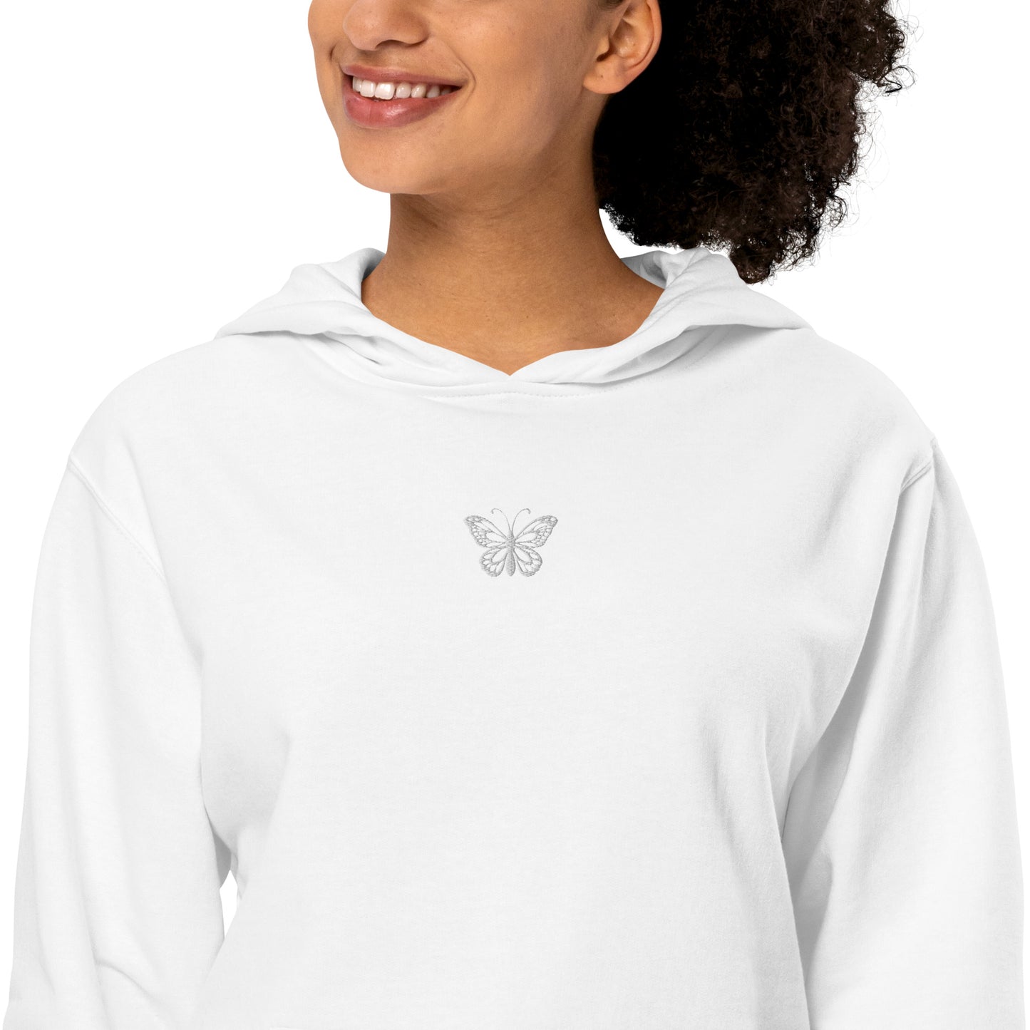 White Unisex Midweight Hoodie Embroidered Butterfly