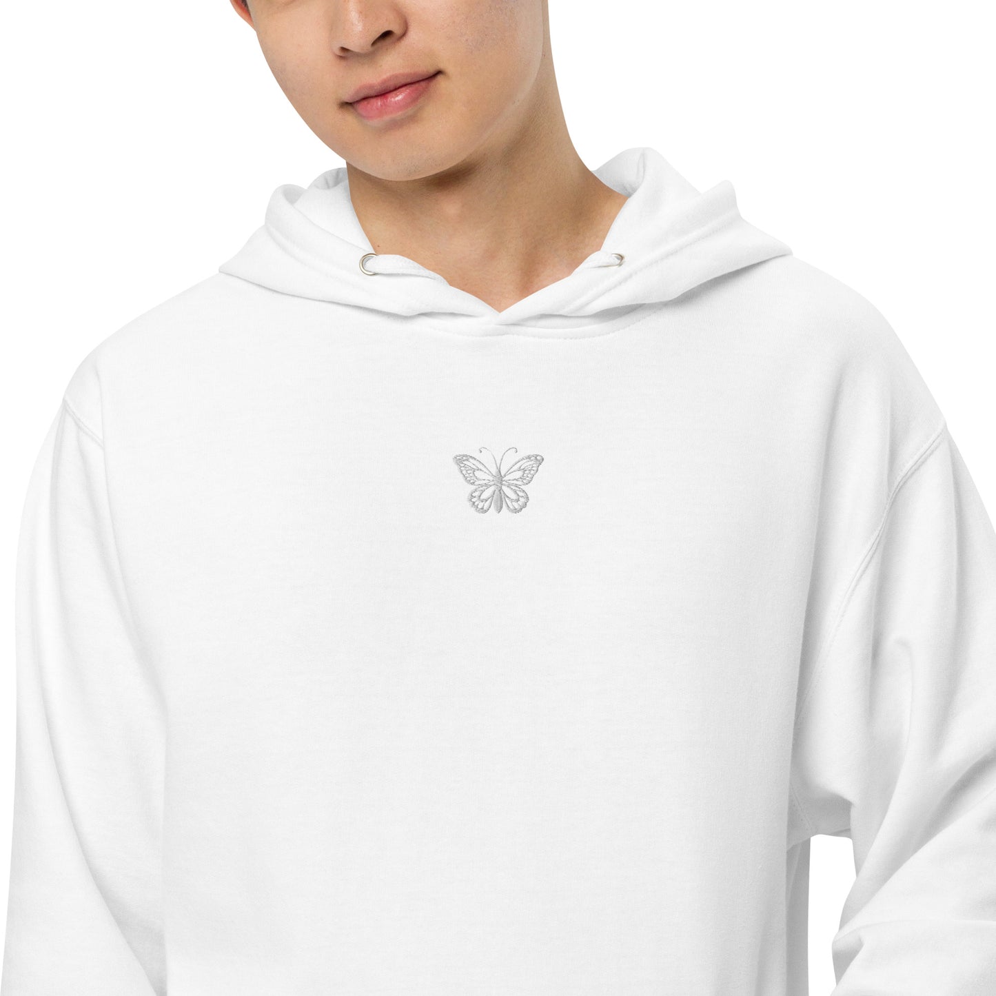 White Unisex Midweight Hoodie Embroidered Butterfly