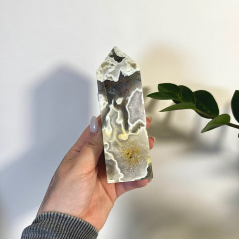 White Camo Moss Agate Tower D2 60 - Kenna's Crystals from TikTok