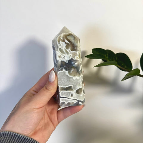 White Camo Moss Agate Tower F2 64 - Kenna's Crystals from TikTok