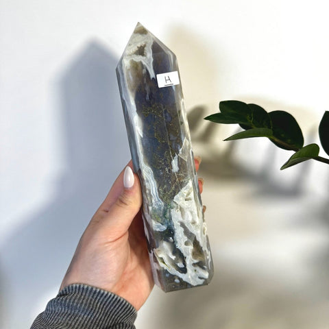 White Camo Moss Agate Tower H 15 - Kenna's Crystals from TikTok