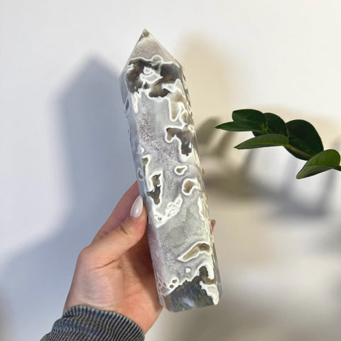 White Camo Moss Agate Tower I 18 - Kenna's Crystals from TikTok